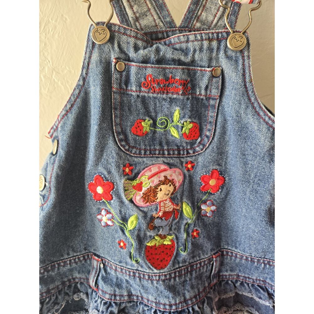 Vintage Y2K Strawberry Shortcake Denim Overall Dress Dressalls Girls 3T RARE - Picture 3 of 8